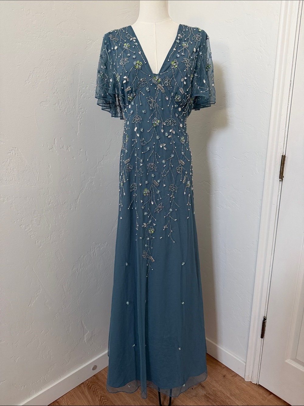 NWTs ASOS Flutter Sleeve Maxi Dress With Trailing Floral Embellishment In Blue